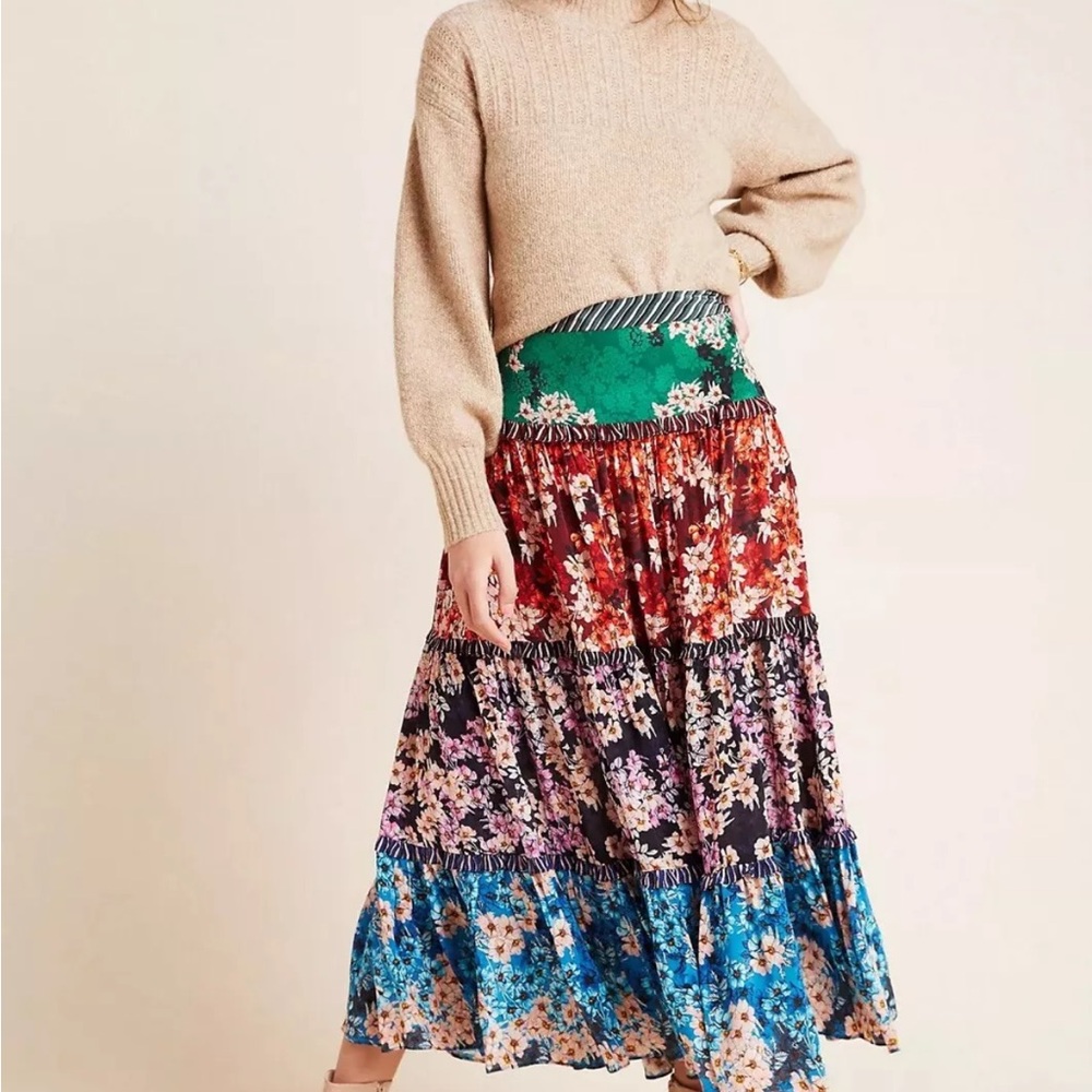 BHANUNI BY JYOTI Anthropologie Anarosa Tiered Maxi Skirt Floral size 8 perfect